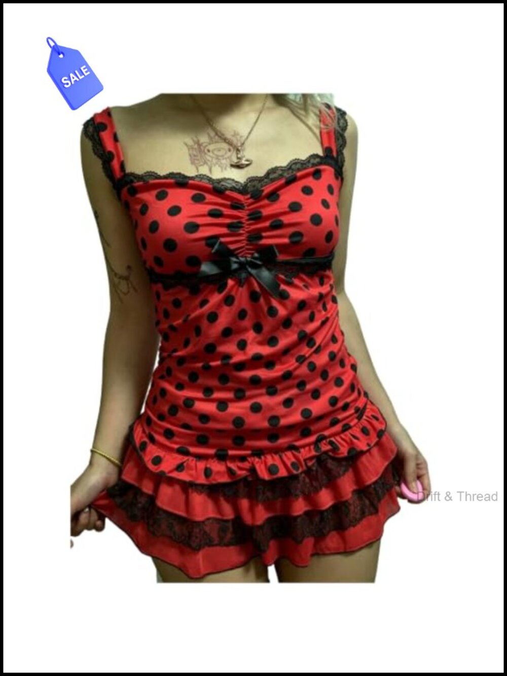 Women Polka Dot Y2K Tank Top Lace Trim Cami Vintage Aesthetic Square Neck